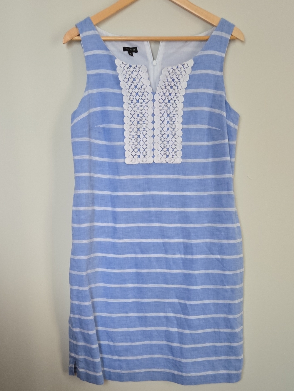 Talbots Light Blue and White Striped Lace-Trim Shift Dress